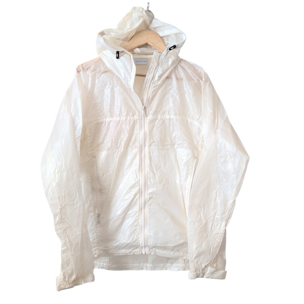 John Elliott White Lightweight Hooded Nylon Shell Jacket Anorak Windbreaker Sz L